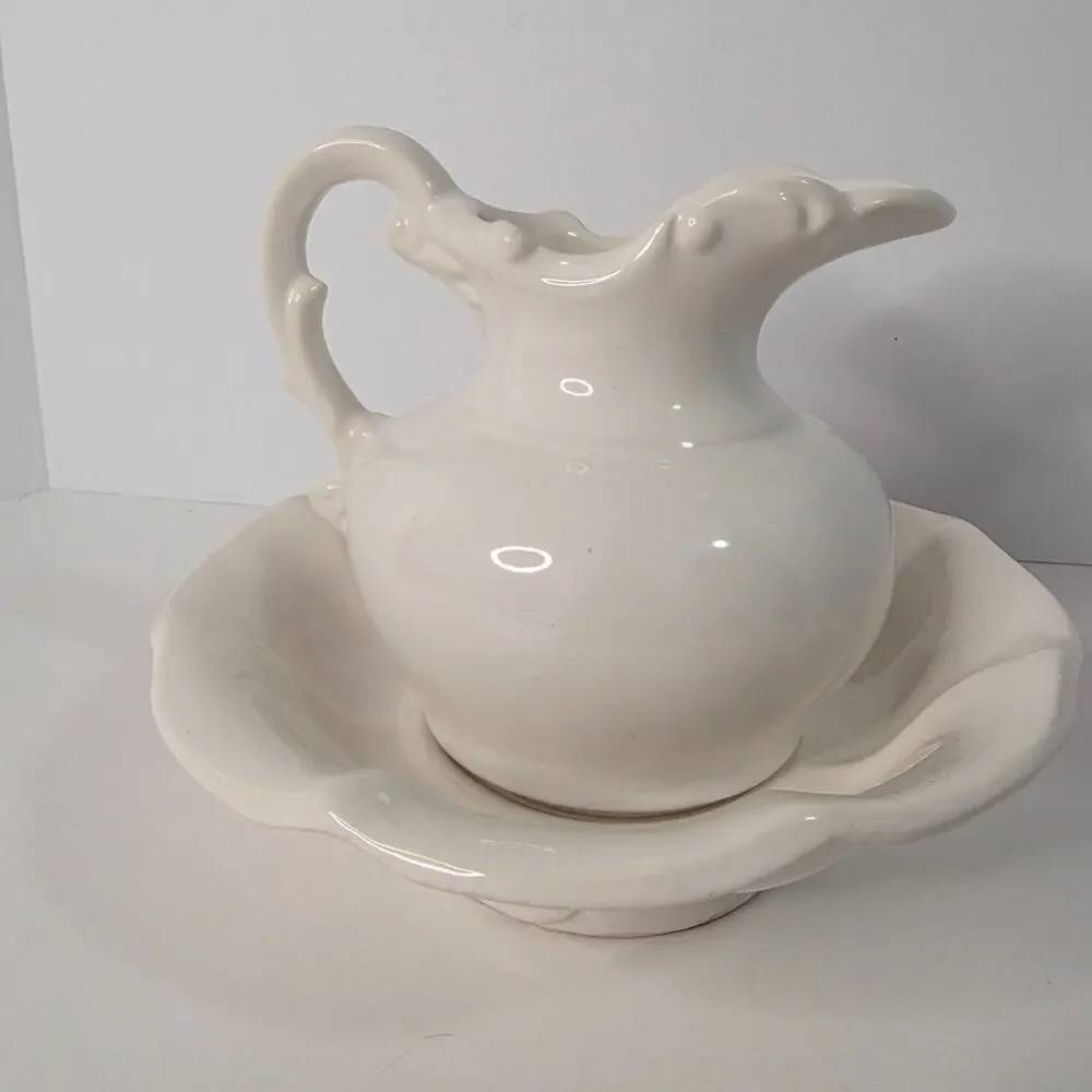 Vintage McCoy USA White Pottery cottagecore Pitcher Wash Basin Set Heart Handle
